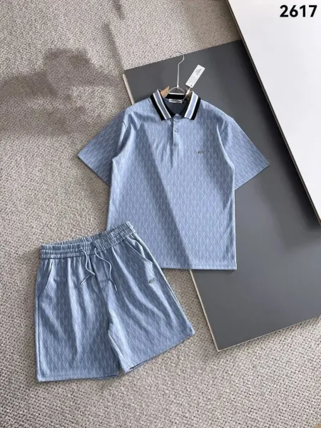 Lacoste Polo Shirt and Shorts Set Light Blue Diamond Texture Casual Set - 1