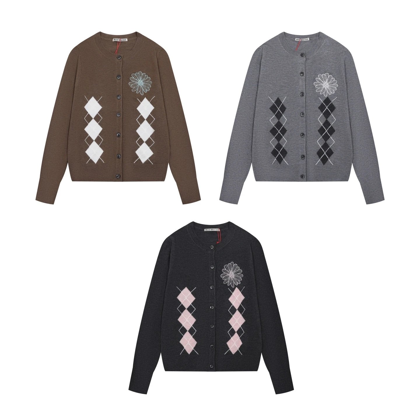 Mardi Mercredi Argyle Flower Embroidery Brown Cardigan - 3