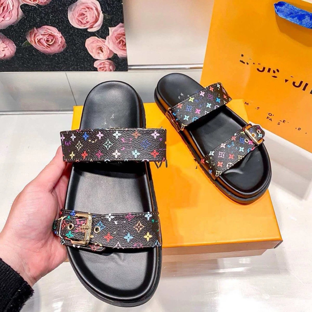 Louis Vuitton Sandals Two-Strap Multicolor Monogram Buckle Slides image 3