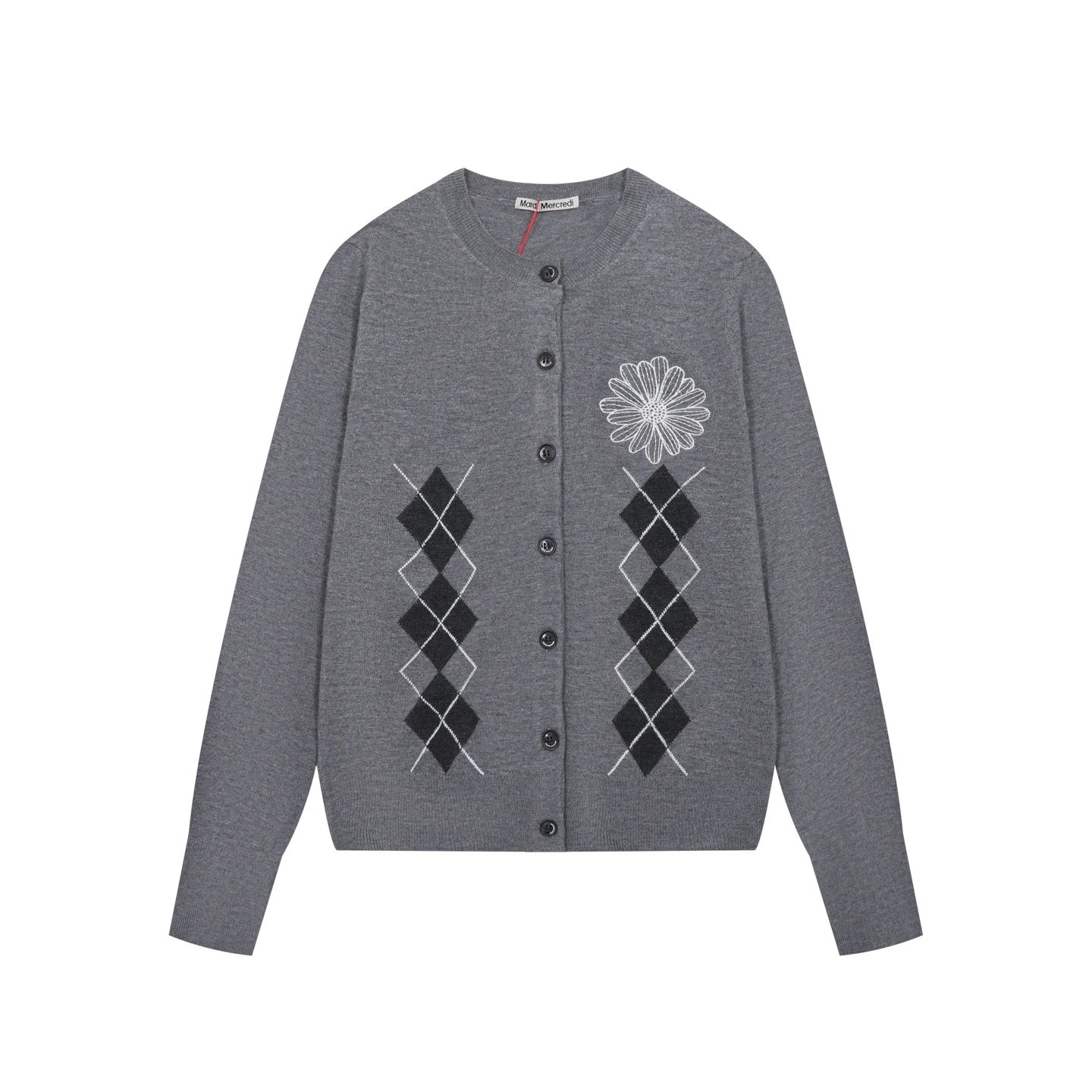 Mardi Mercredi Argyle Flower Embroidery Brown Cardigan - 5