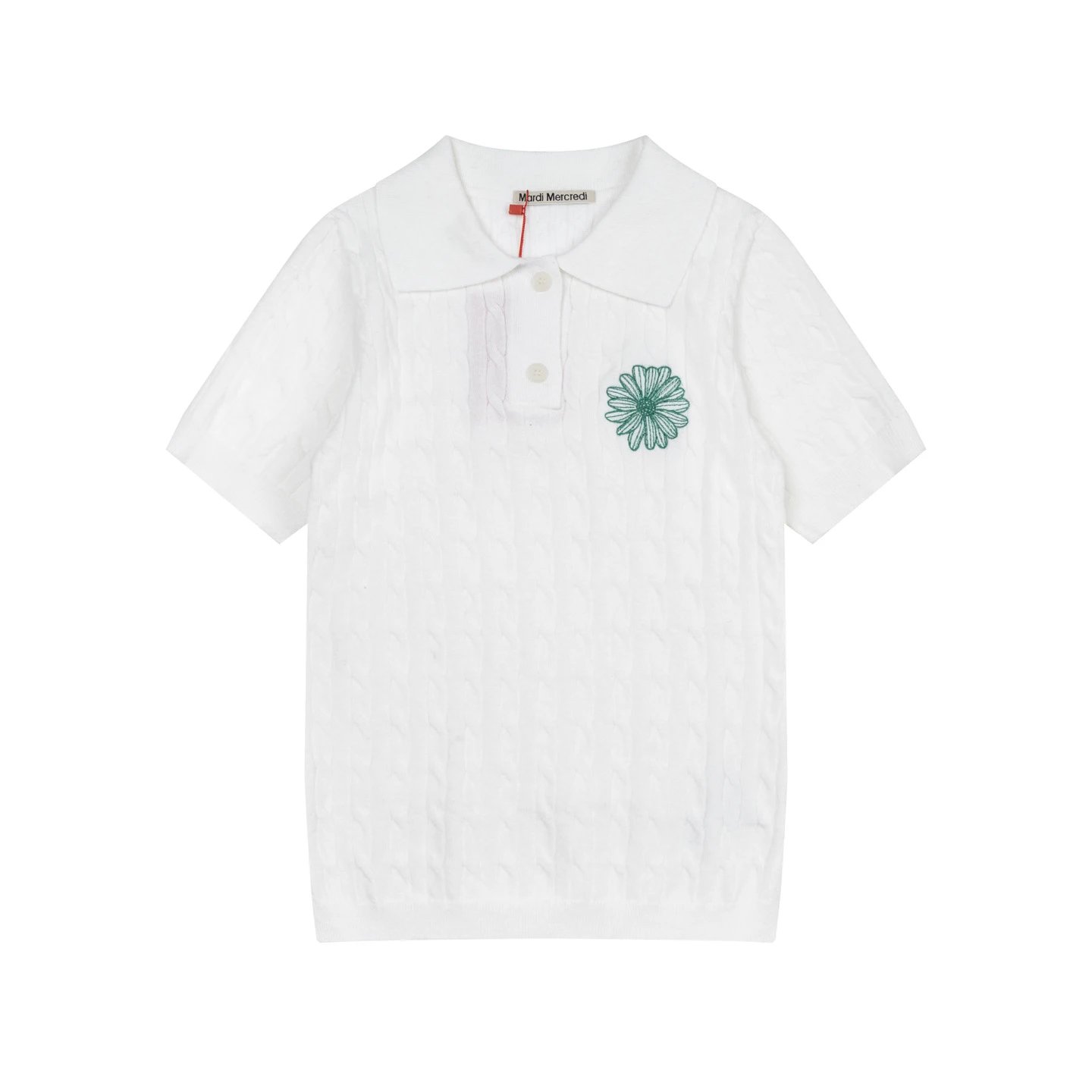 Mardi Mercredi Cable Knit Polo in Mint with Embroidered Daisy Polo Shirt - 4