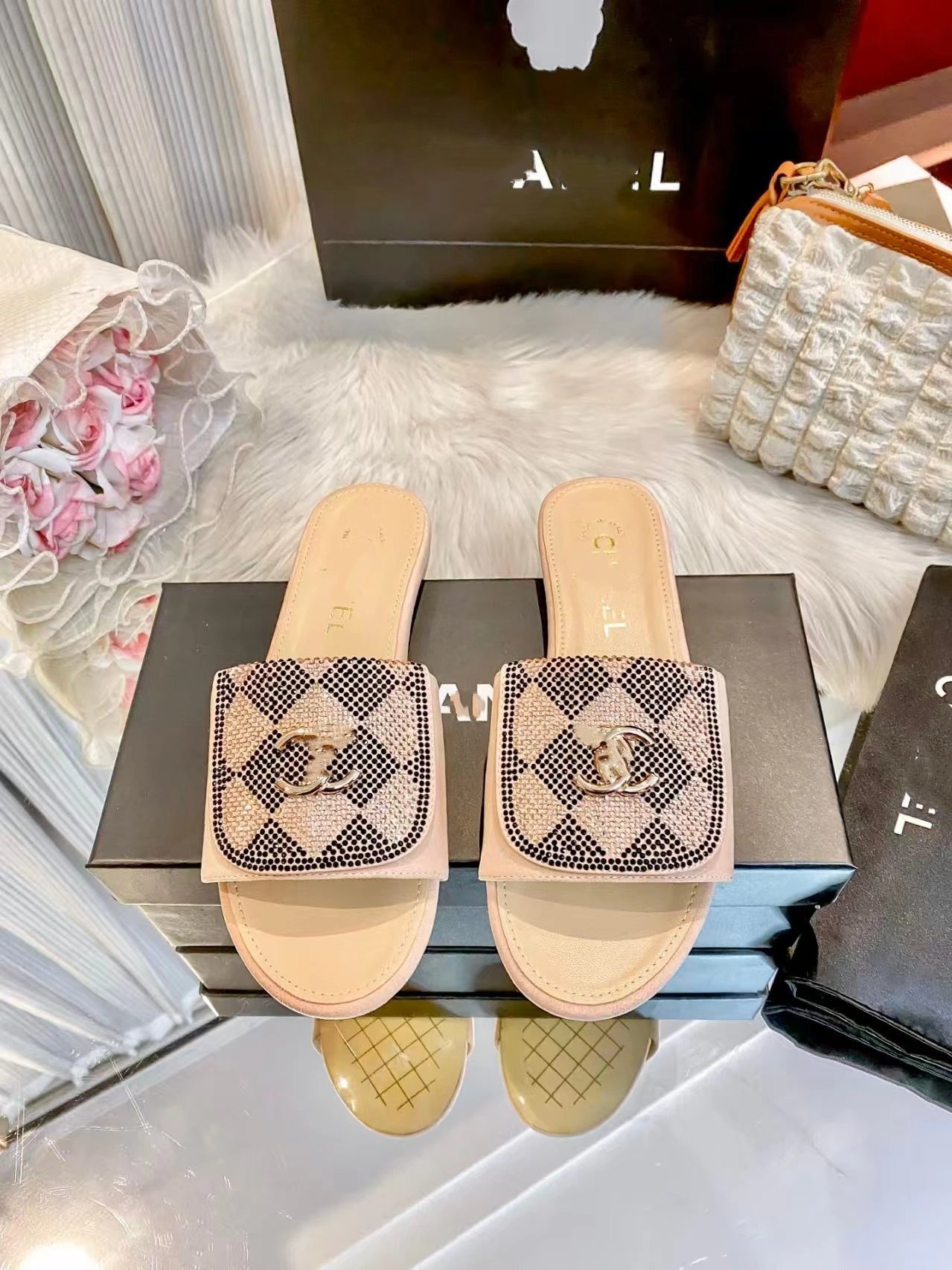 Chanel CC Logo Crystal-Embellished Snake Print Slide Sandals Beige Slippers - 8