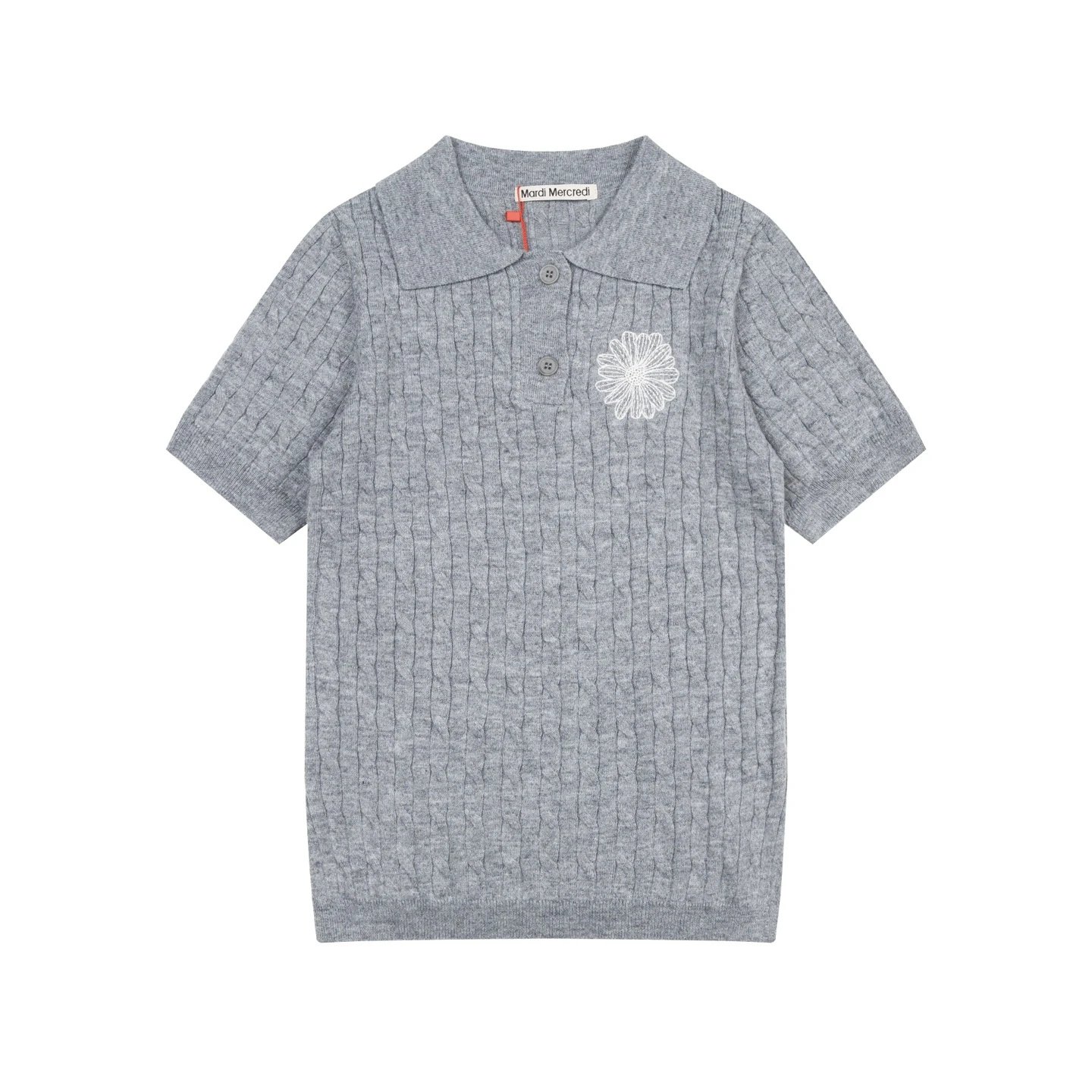 Mardi Mercredi Cable Knit Polo in Mint with Embroidered Daisy Polo Shirt - 16