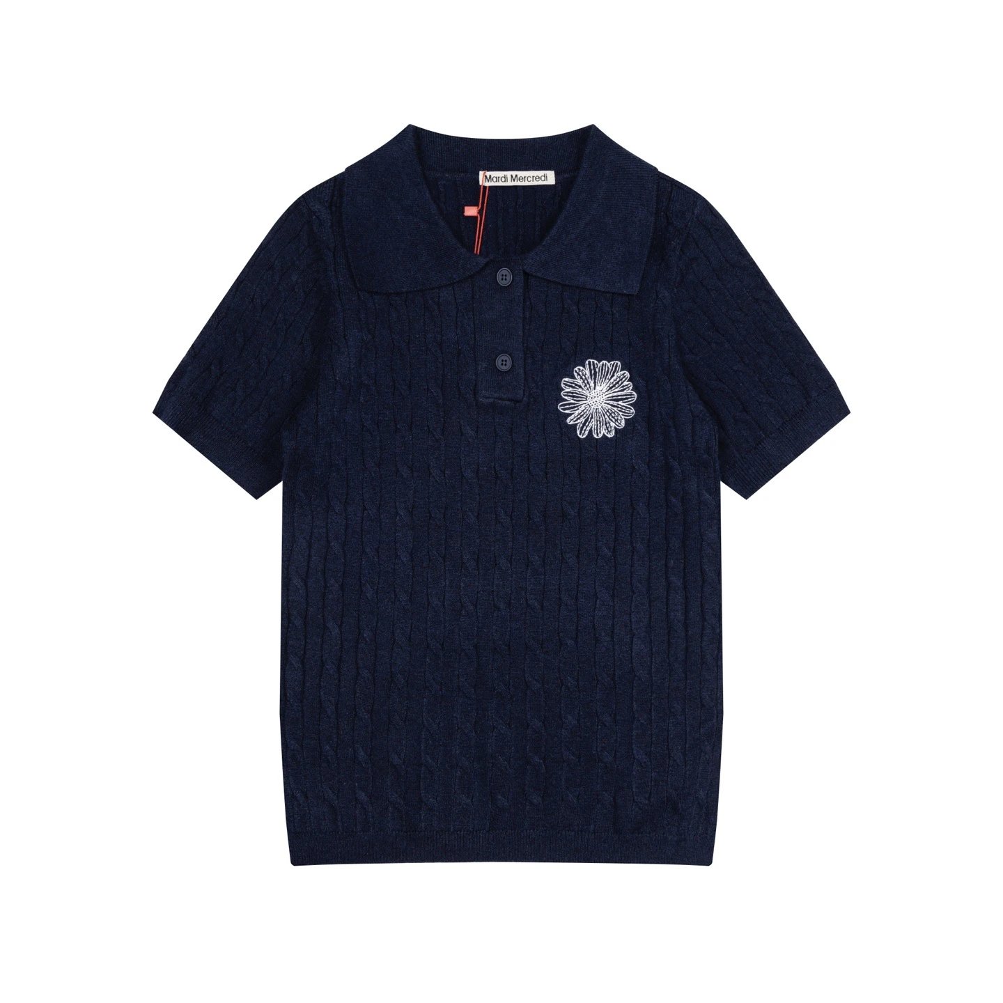 Mardi Mercredi Cable Knit Polo in Mint with Embroidered Daisy Polo Shirt - 18