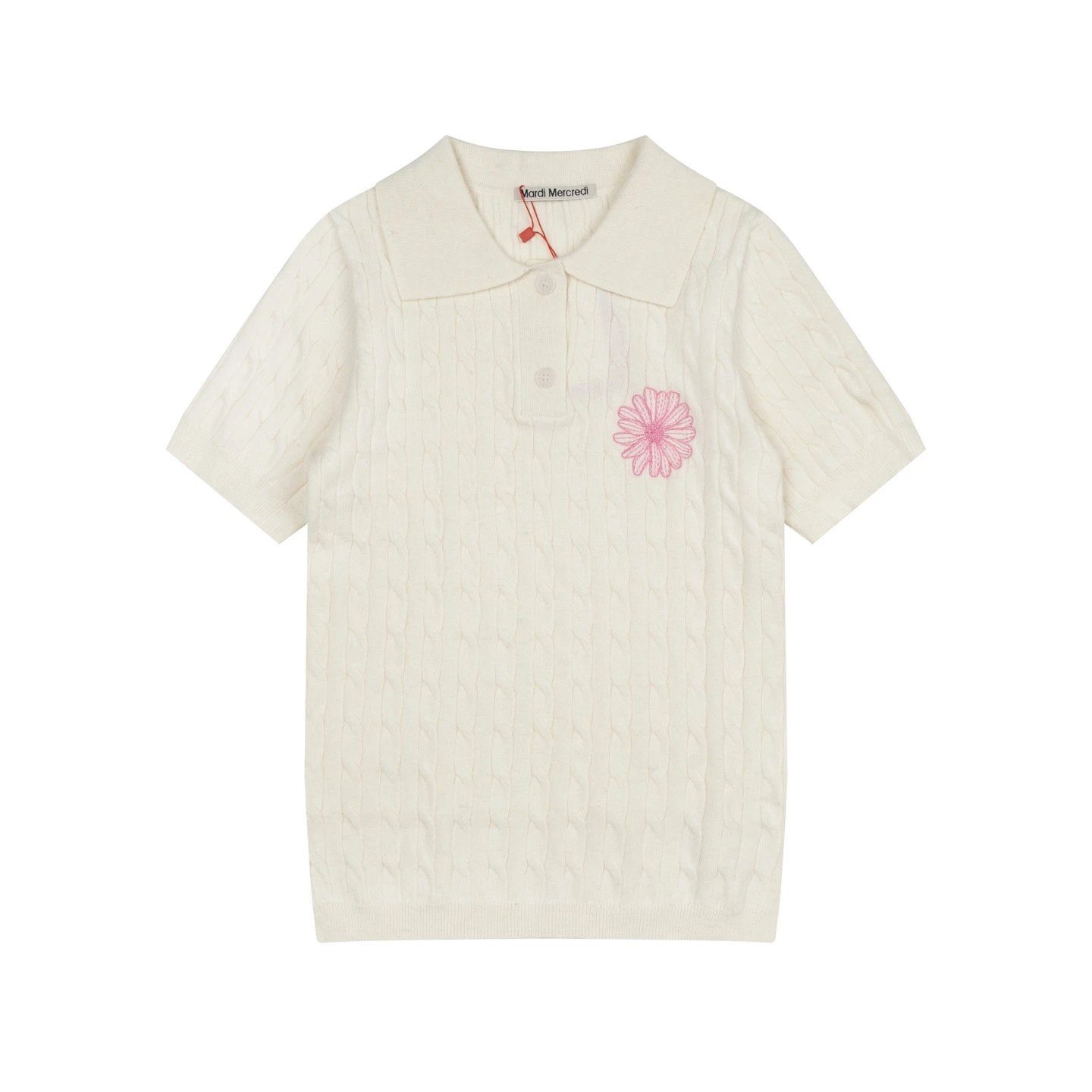 Mardi Mercredi Cable Knit Polo in Mint with Embroidered Daisy Polo Shirt - 6