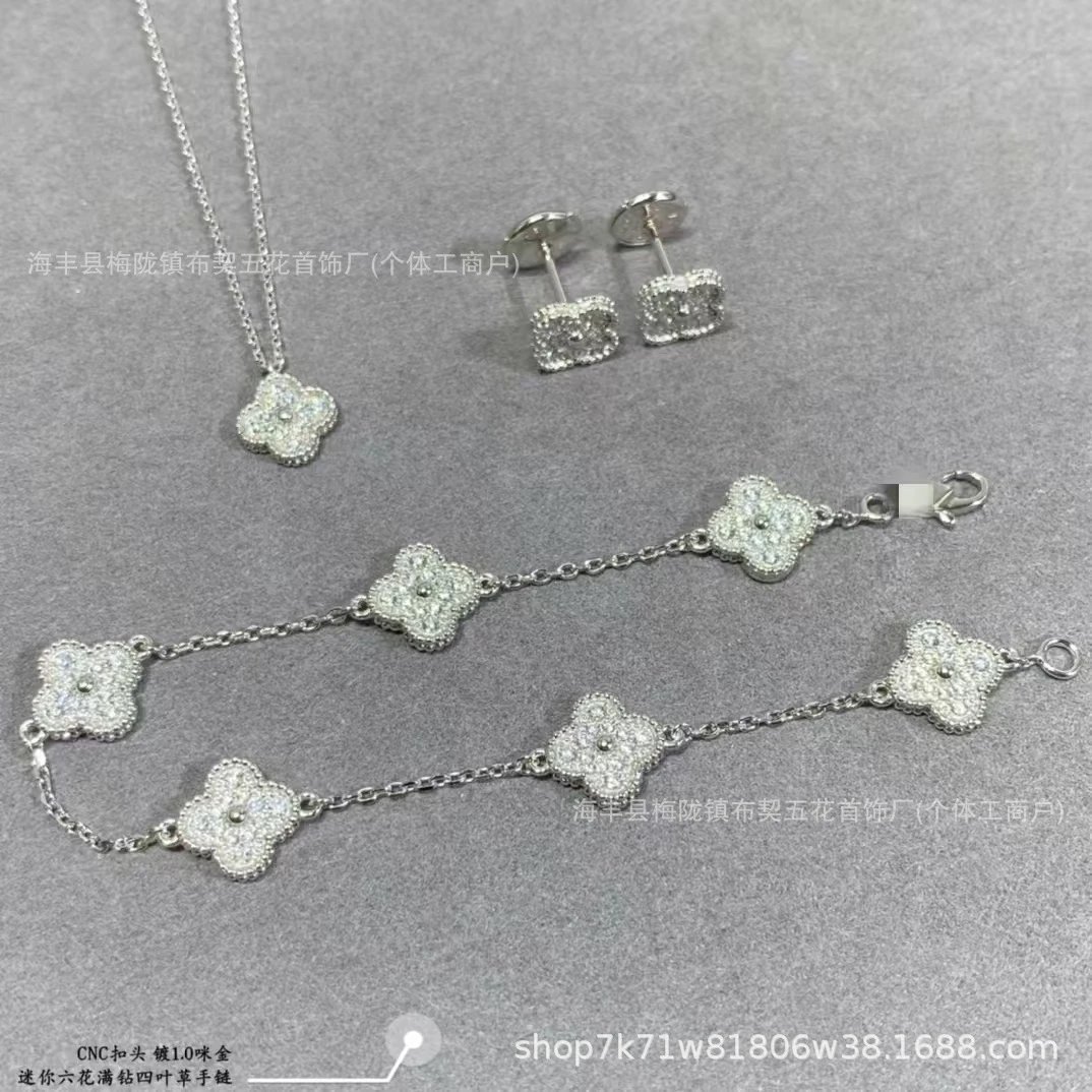 Design Six-Flower Full Pave Four-Leaf Clover Bracelet in Silver Jewelry - 2