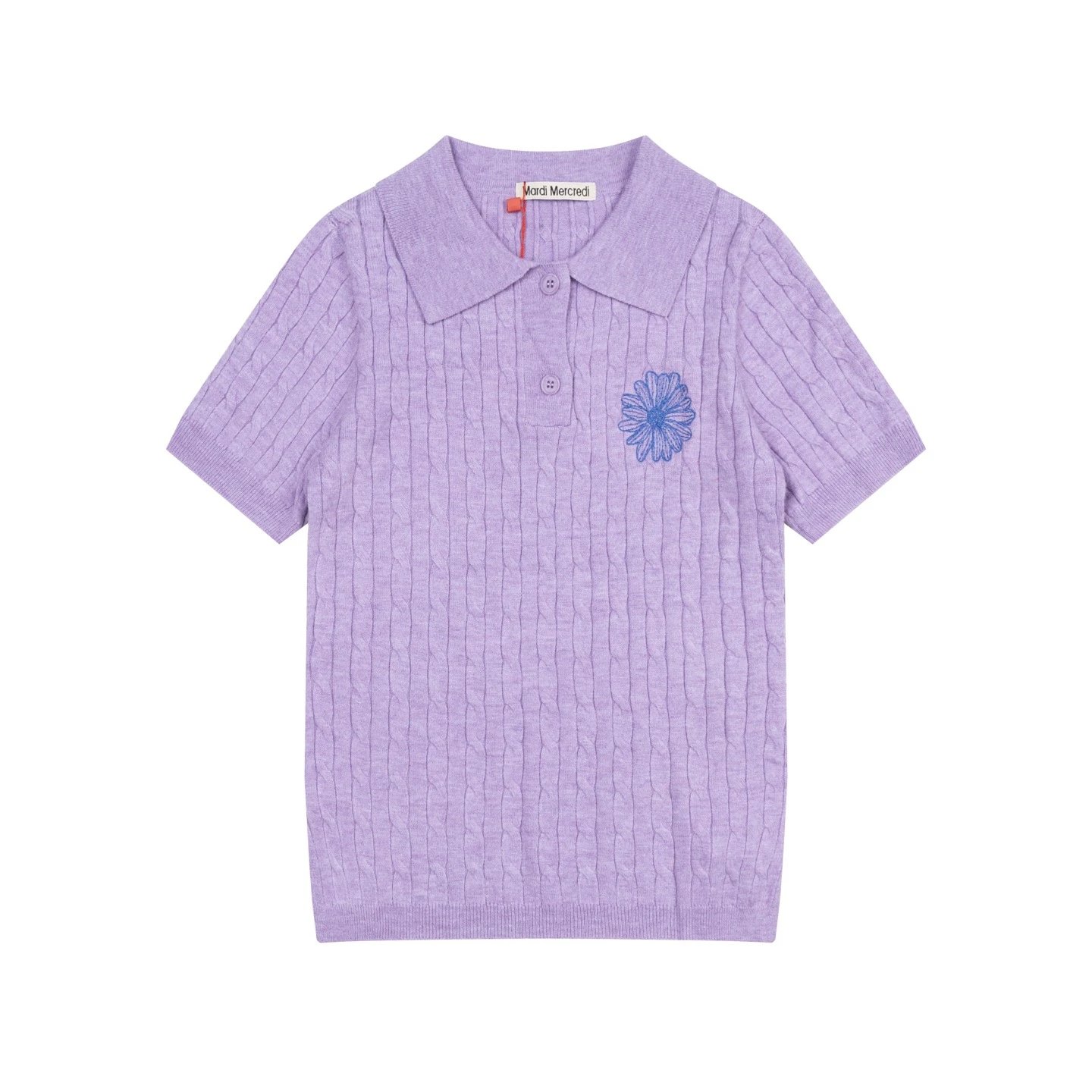 Mardi Mercredi Cable Knit Polo in Mint with Embroidered Daisy Polo Shirt - 14