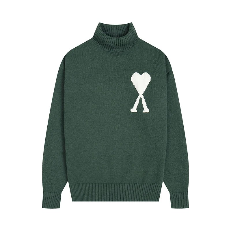 Ami Paris Heart Logo Turtleneck Sweater Forest Green - 1