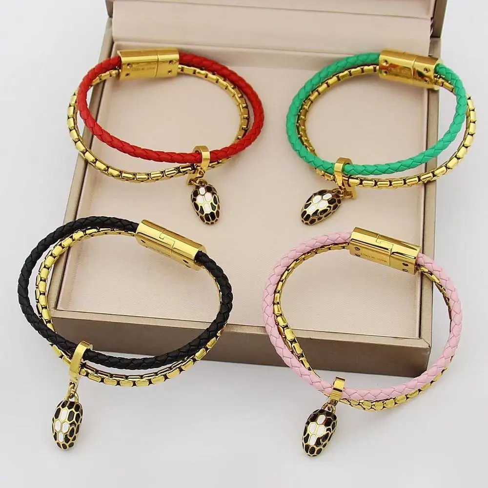 Design Braided Leather Snake Charm Bracelet Black and Gold Jewelry - 7