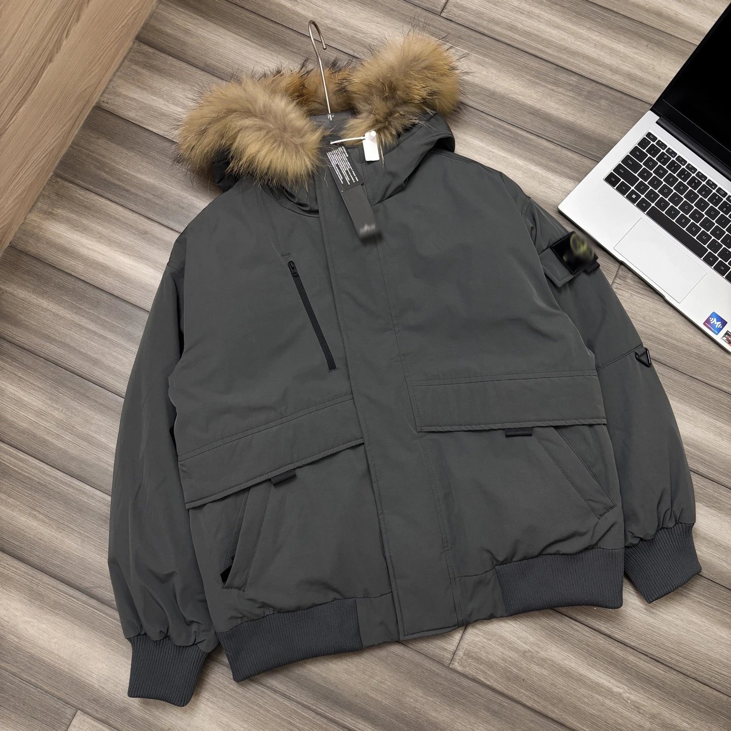 Stone Island Parka with Fur Trim Gray Down Jacket - 9