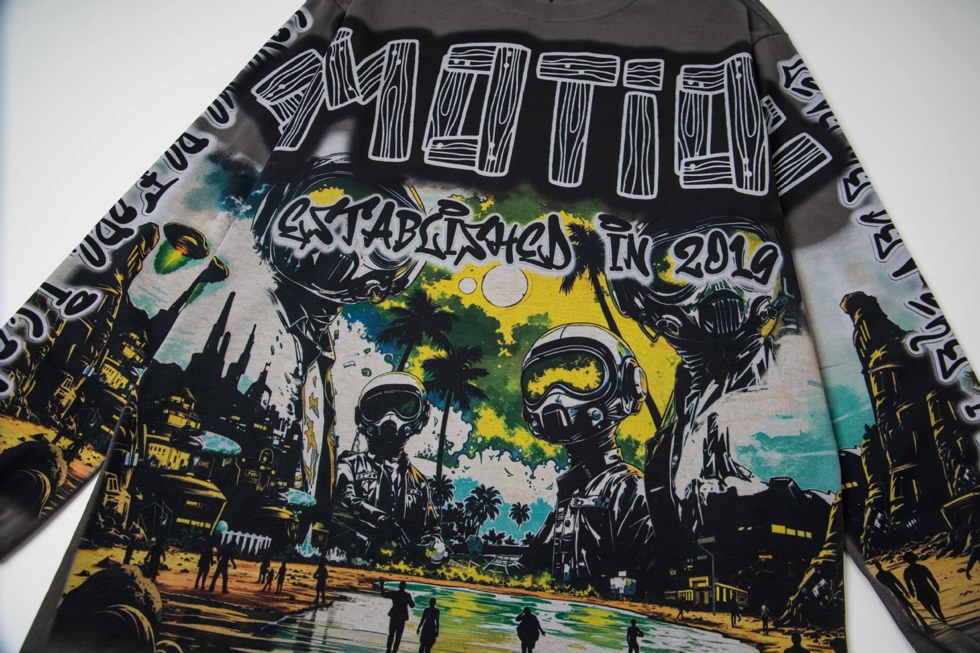 Design Mixed Emotion Motif Established in 2019 Long Sleeve Graphic Tee Black T-Shirts - 28