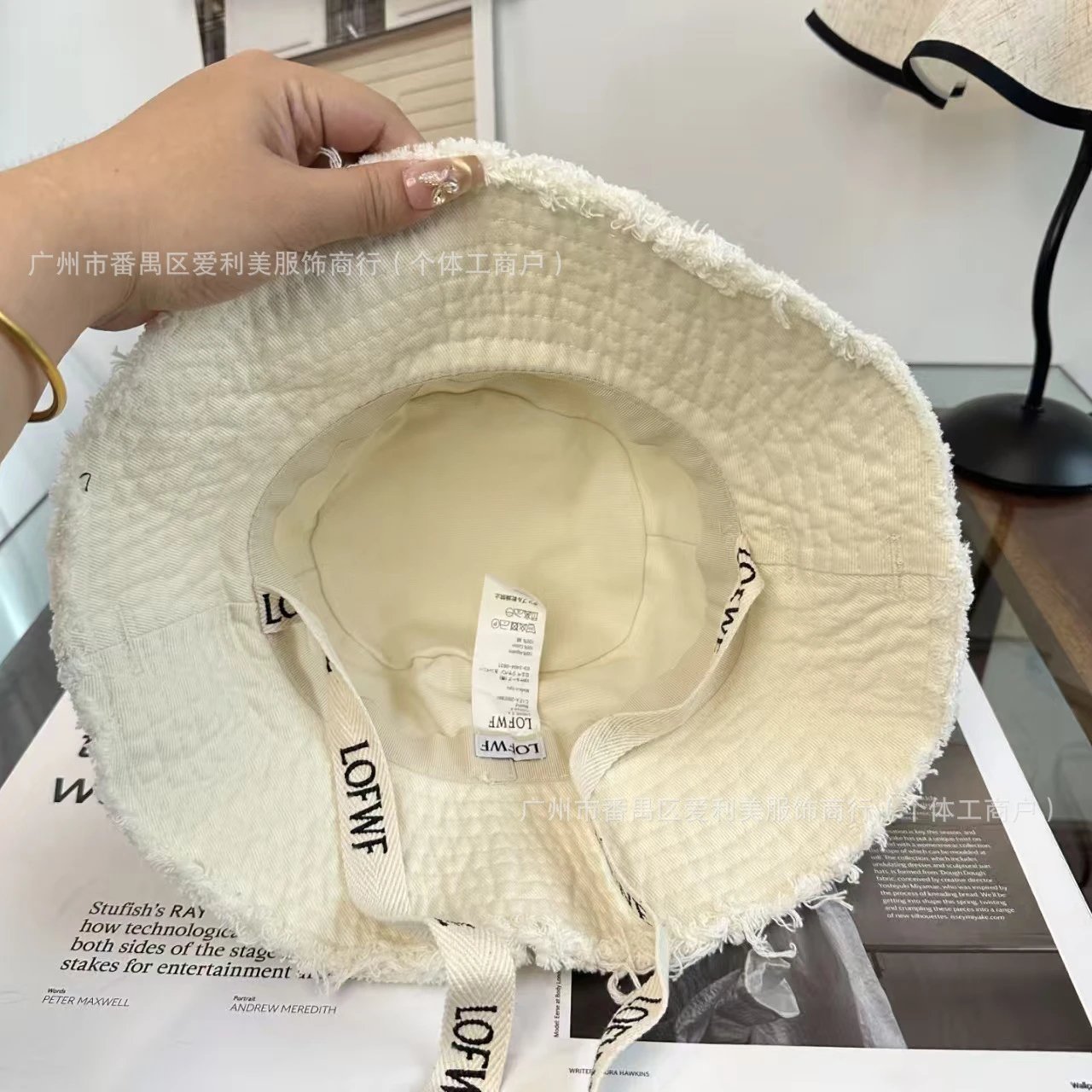 Unbranded Hats Frayed-brim bucket hat with logo-style patch and printed chin strap image 3