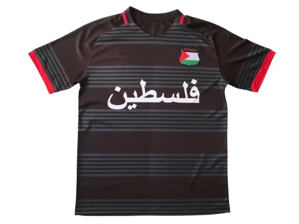 Design FC Palestina Jersey Black-Gray Striped Red Trim Football Shirt Jersey - 1