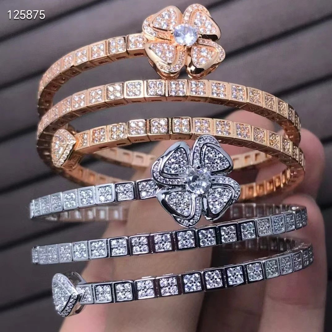 Design Floral Diamond-Encrusted Bangle Set Silver Jewelry - 3