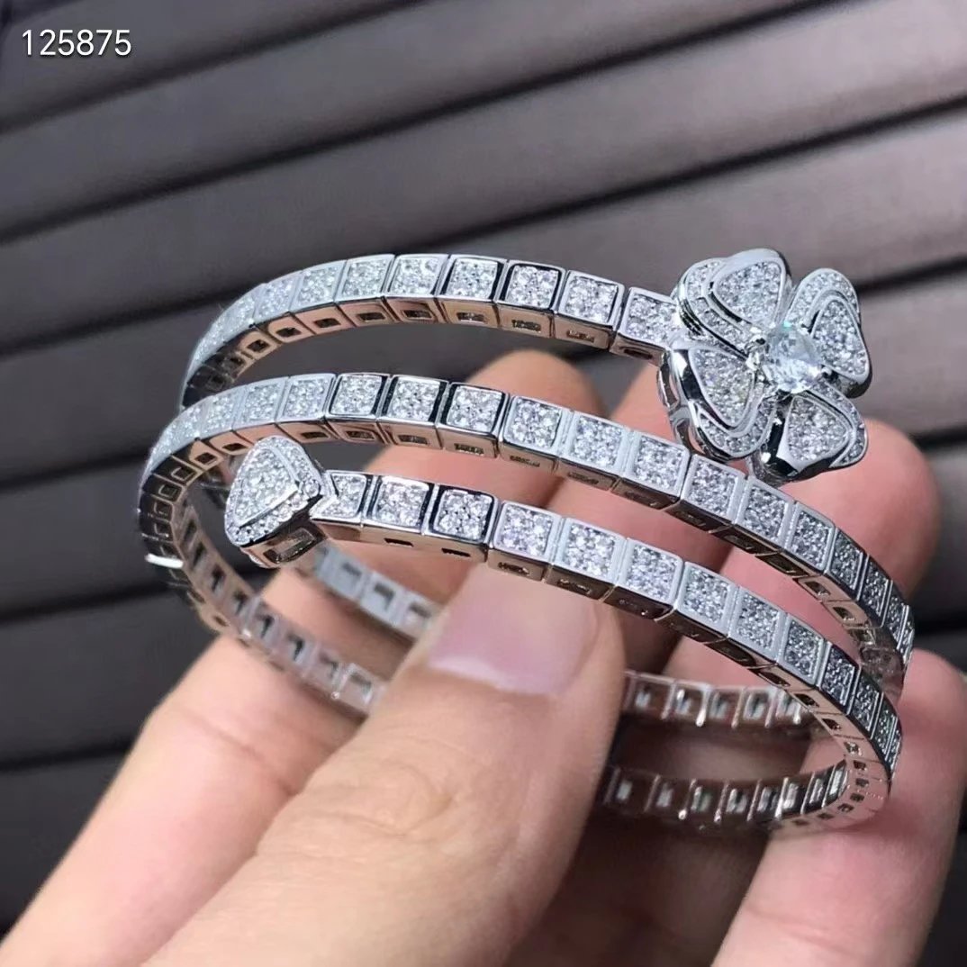 Design Floral Diamond-Encrusted Bangle Set Silver Jewelry - 5