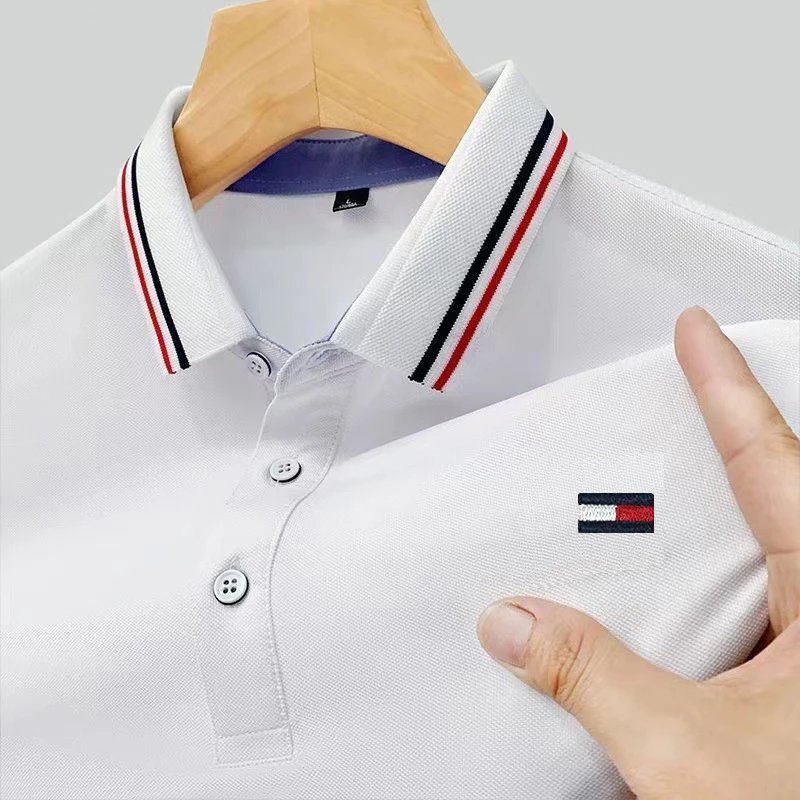Design Polo Shirt Black with Red-White Trim and Flag Logo Tops Polo - 7
