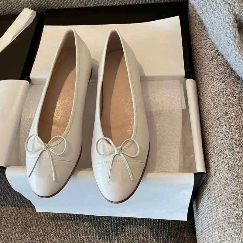 Chanel Ballerina Flats Silver Metallic Bow Detail Flat Shoes Loafers - 4
