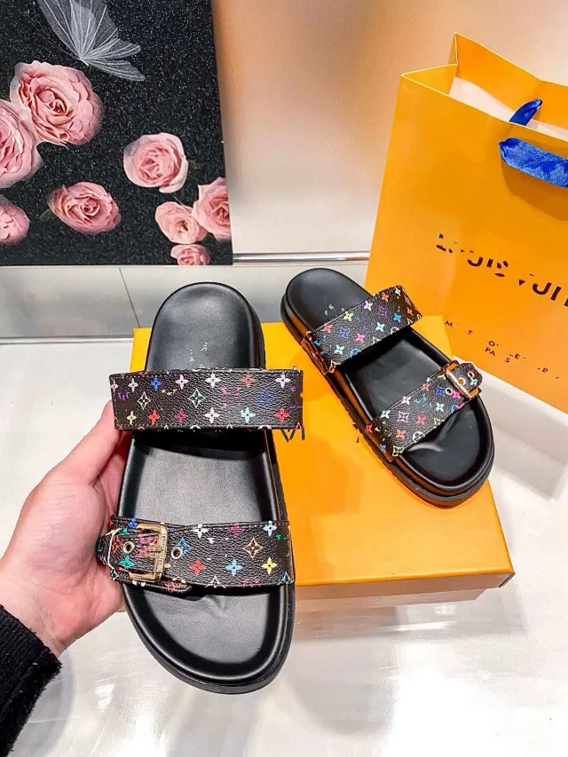 Louis Vuitton Sandals Two-Strap Multicolor Monogram Buckle Slides product detail image 2