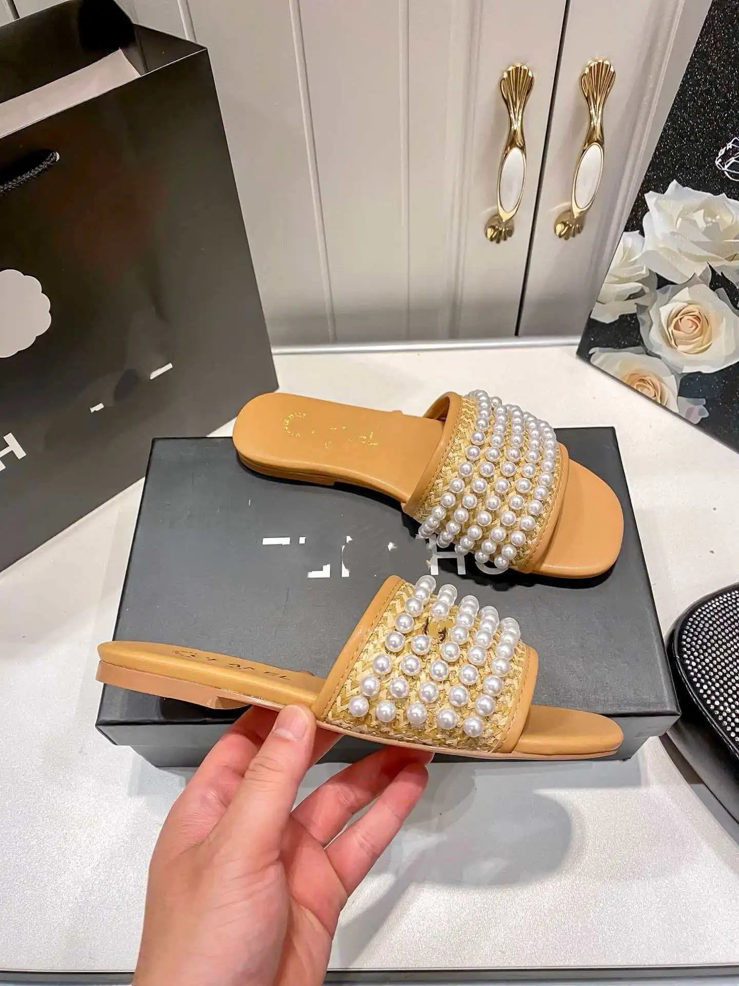 Chanel Pearl-Embellished Raffia Slide Sandals Beige Slippers - 5