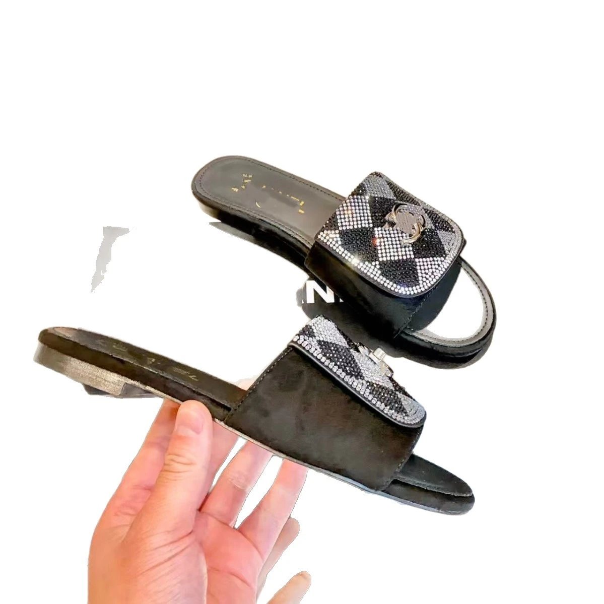 Chanel Slippers Rhinestone Plaid Double-C Logo Slide image 5