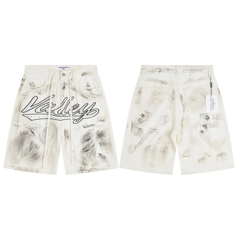 Vale Valley Forever Shorts Washed Denim Drawstring with Rhinestone Logo Embroidery — v806 white