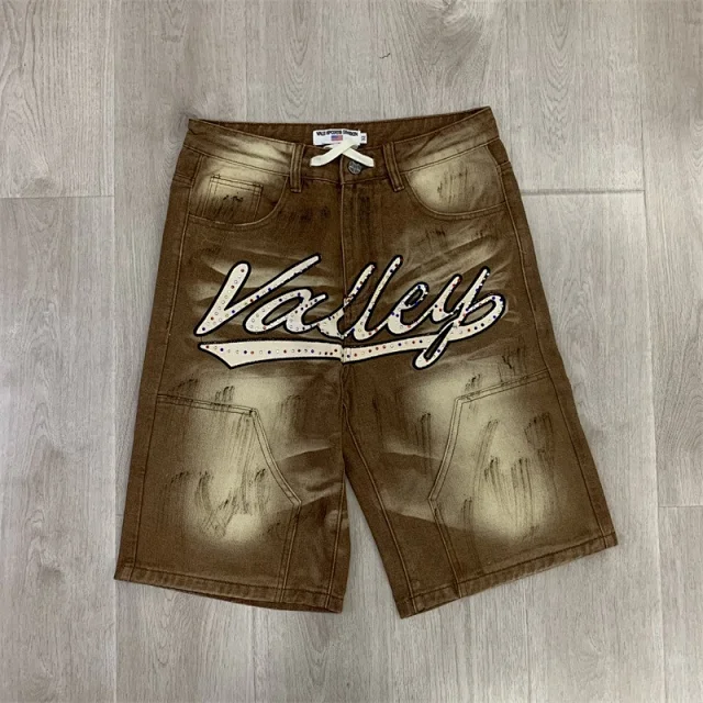 Vale Valley Forever Shorts Washed Denim Drawstring with Rhinestone Logo Embroidery product detail image 9