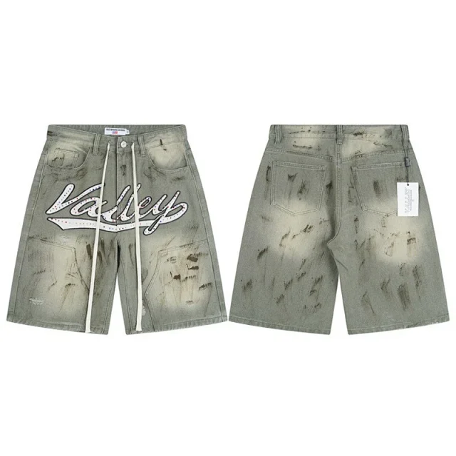 Vale Valley Forever Shorts Washed Denim Drawstring with Rhinestone Logo Embroidery product detail image 22