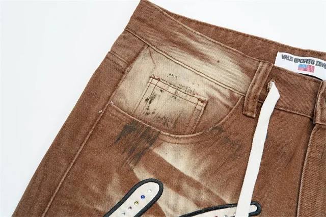Vale Valley Forever Shorts Washed Denim Drawstring with Rhinestone Logo Embroidery product detail image 26