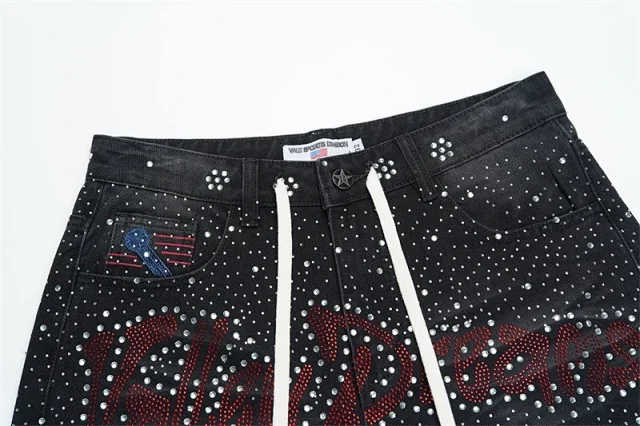 Vale Valley Forever Shorts Washed Denim Drawstring with Rhinestone Logo Embroidery product detail image 34