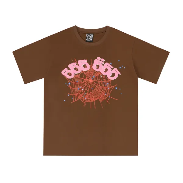 SP5DER Spider Web Pink Graphic Brown T-Shirt - 1