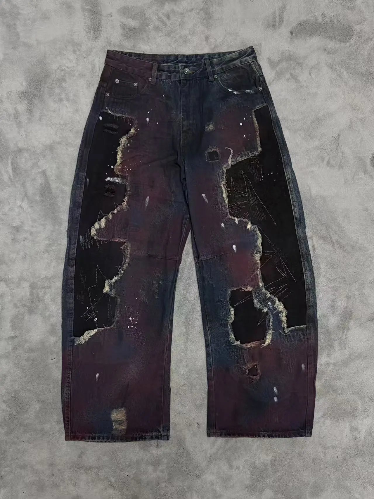 Design Distressed Paint-Splatter Patchwork Jeans - 6