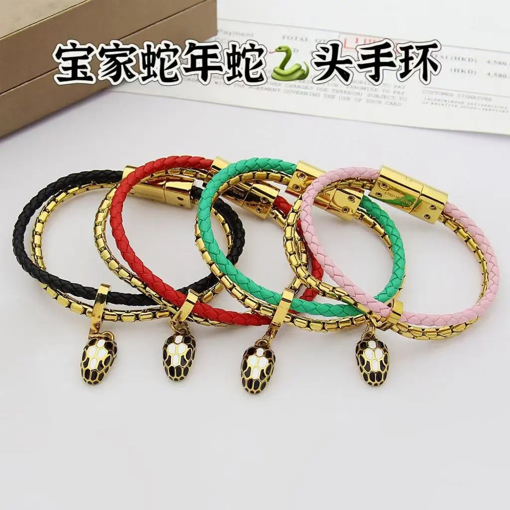 Design Braided Leather Snake Charm Bracelet Black and Gold Jewelry - 4