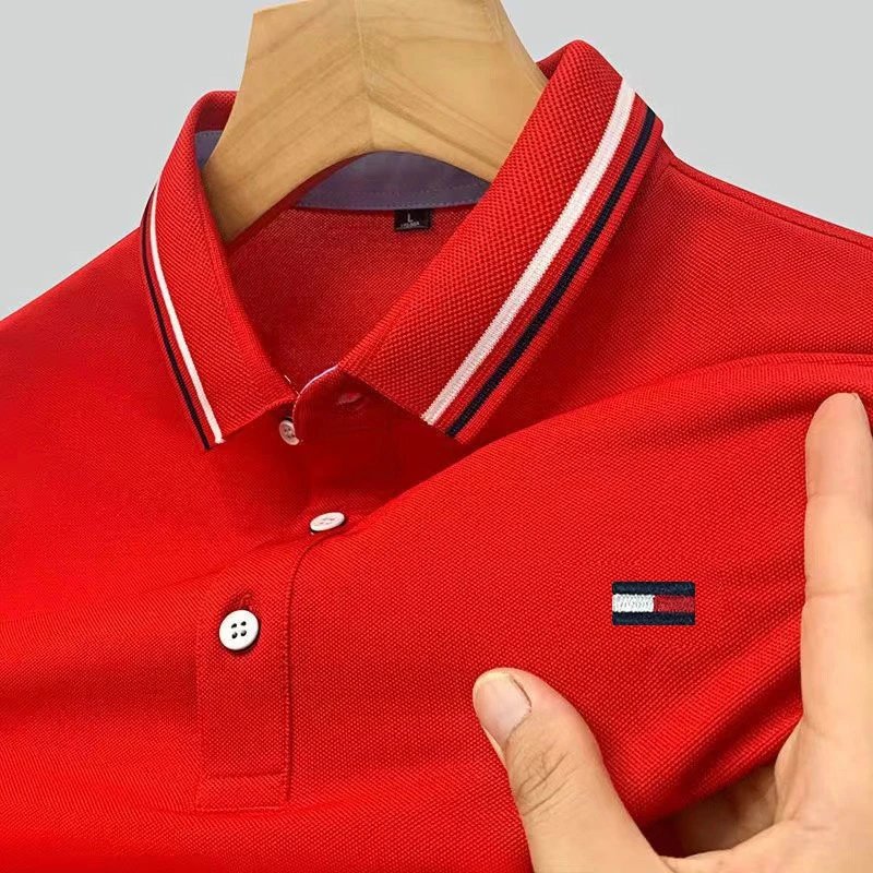 Design Polo Shirt Black with Red-White Trim and Flag Logo Tops Polo - 6