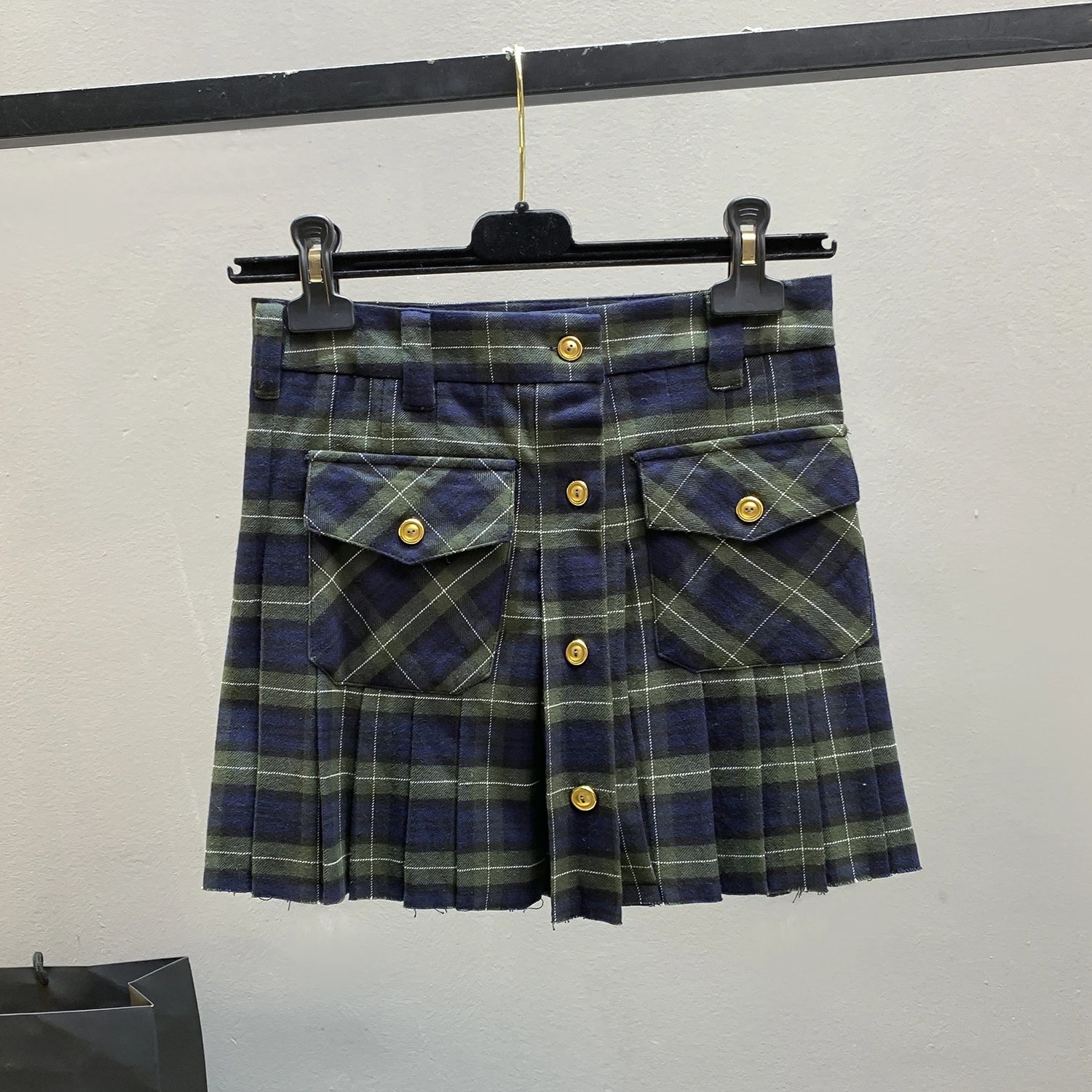 Design Plaid Pleated Skirt with Gold Buttons Navy and Green Skirt - 8