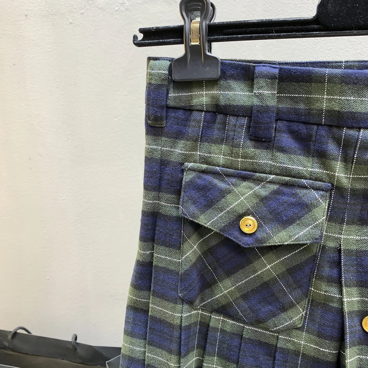 Design Plaid Pleated Skirt with Gold Buttons Navy and Green Skirt - 11
