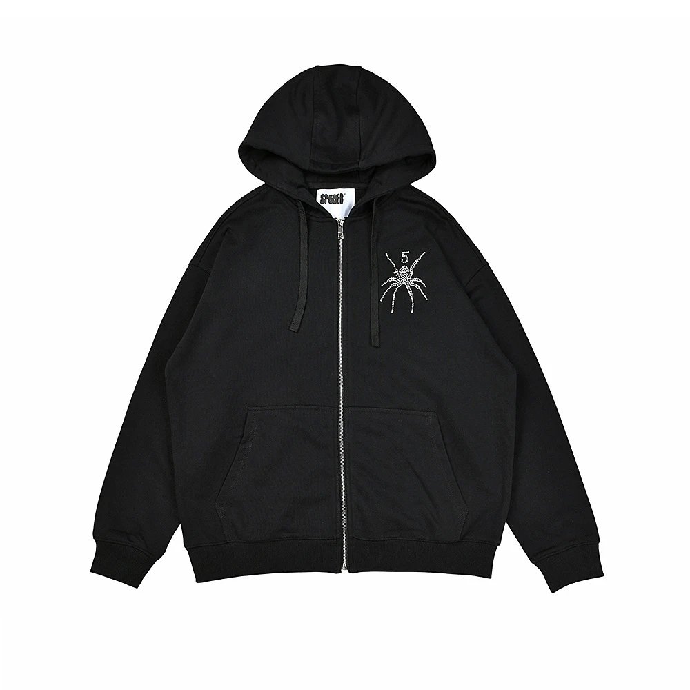 SP5DER Spider Embroidered Black Zip-Up Hoodie - 1