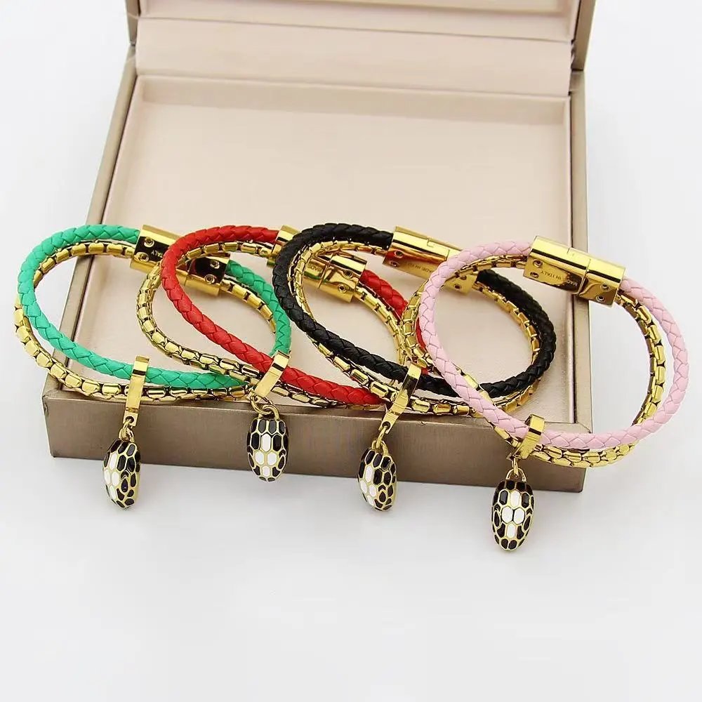 Design Braided Leather Snake Charm Bracelet Black and Gold Jewelry - 6