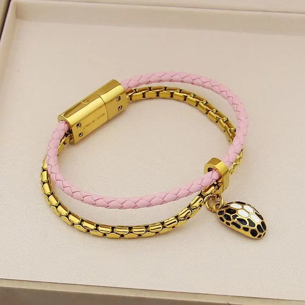 Design Braided Leather Snake Charm Bracelet Black and Gold Jewelry - 10