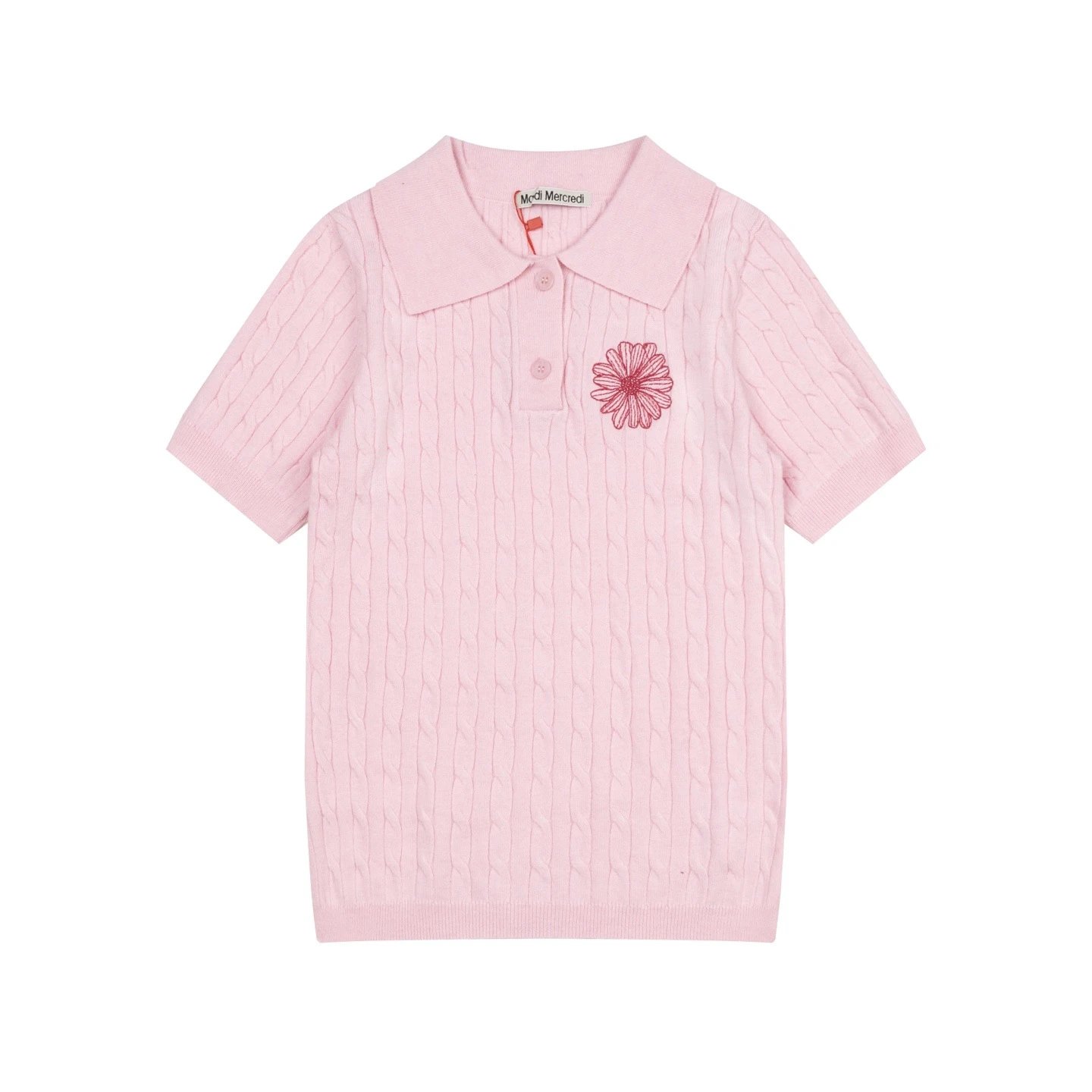 Mardi Mercredi Cable Knit Polo in Mint with Embroidered Daisy Polo Shirt - 8