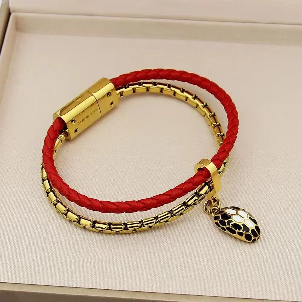 Design Braided Leather Snake Charm Bracelet Black and Gold Jewelry - 8