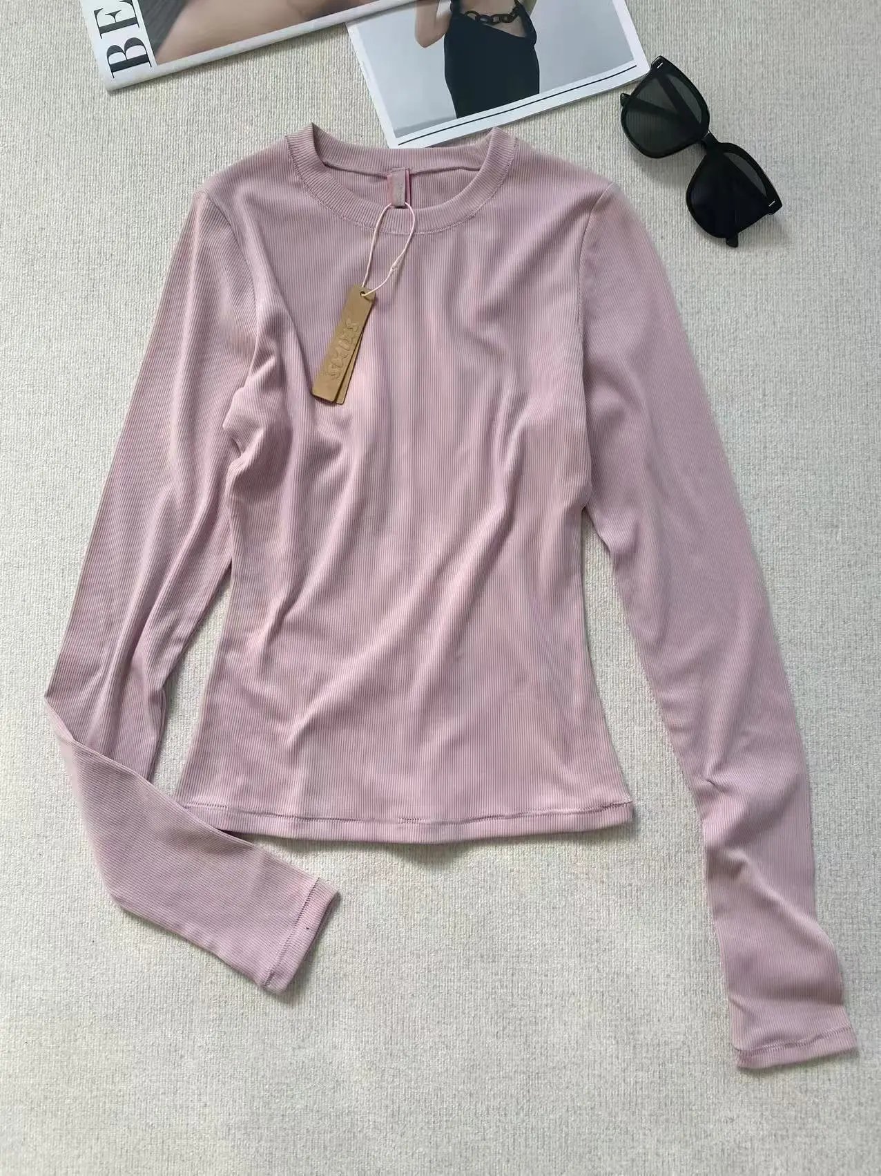 Design Ribbed Long Sleeve Crop Top Dusty Pink - 17