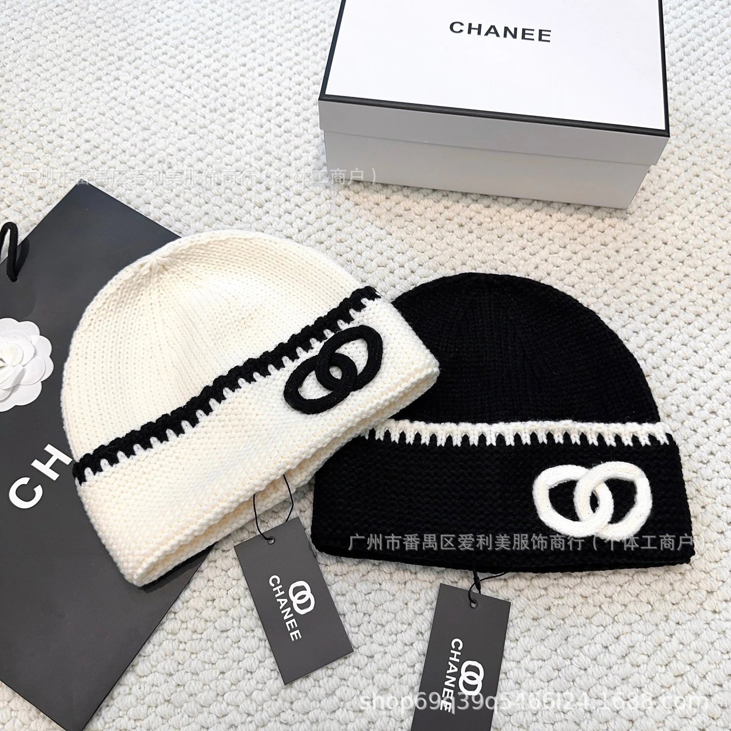 Chanel CC Logo Knit Beanie Black and White - 2