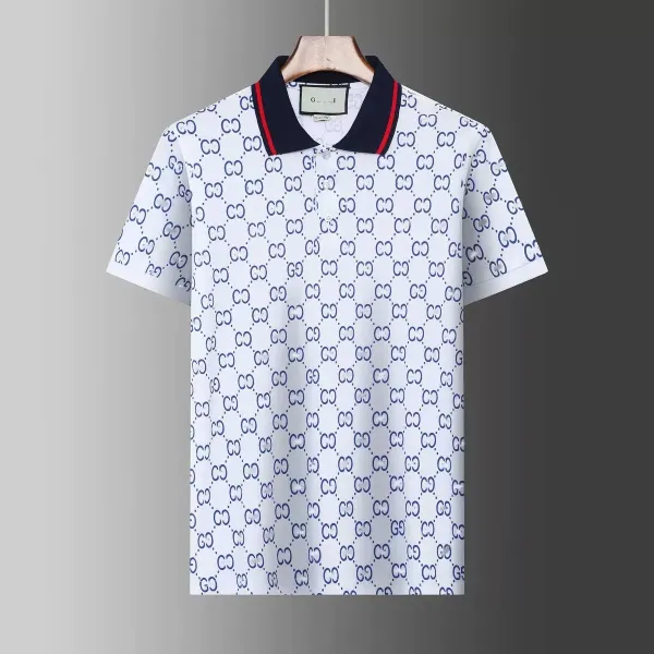 Gucci GG Monogram Print White Polo with Navy Collar and Red Trim Polo Shirt - 1