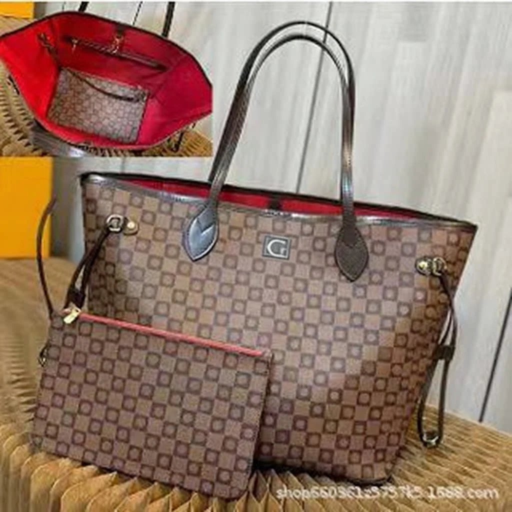 Design Checkered Pattern Tote Bag with Matching Clutch in Brown and Pink - 2