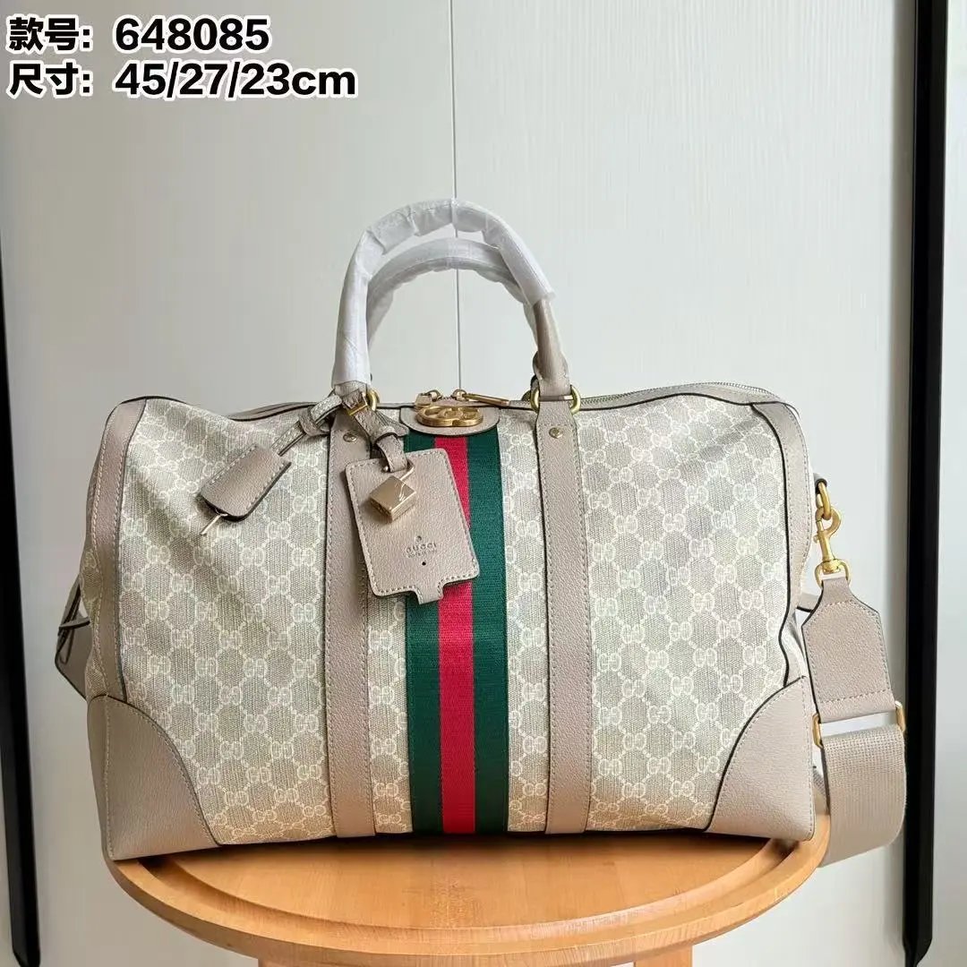 Gucci GG Marmont Duffle Bag Beige Canvas with Web Stripe Travel Bag - 5