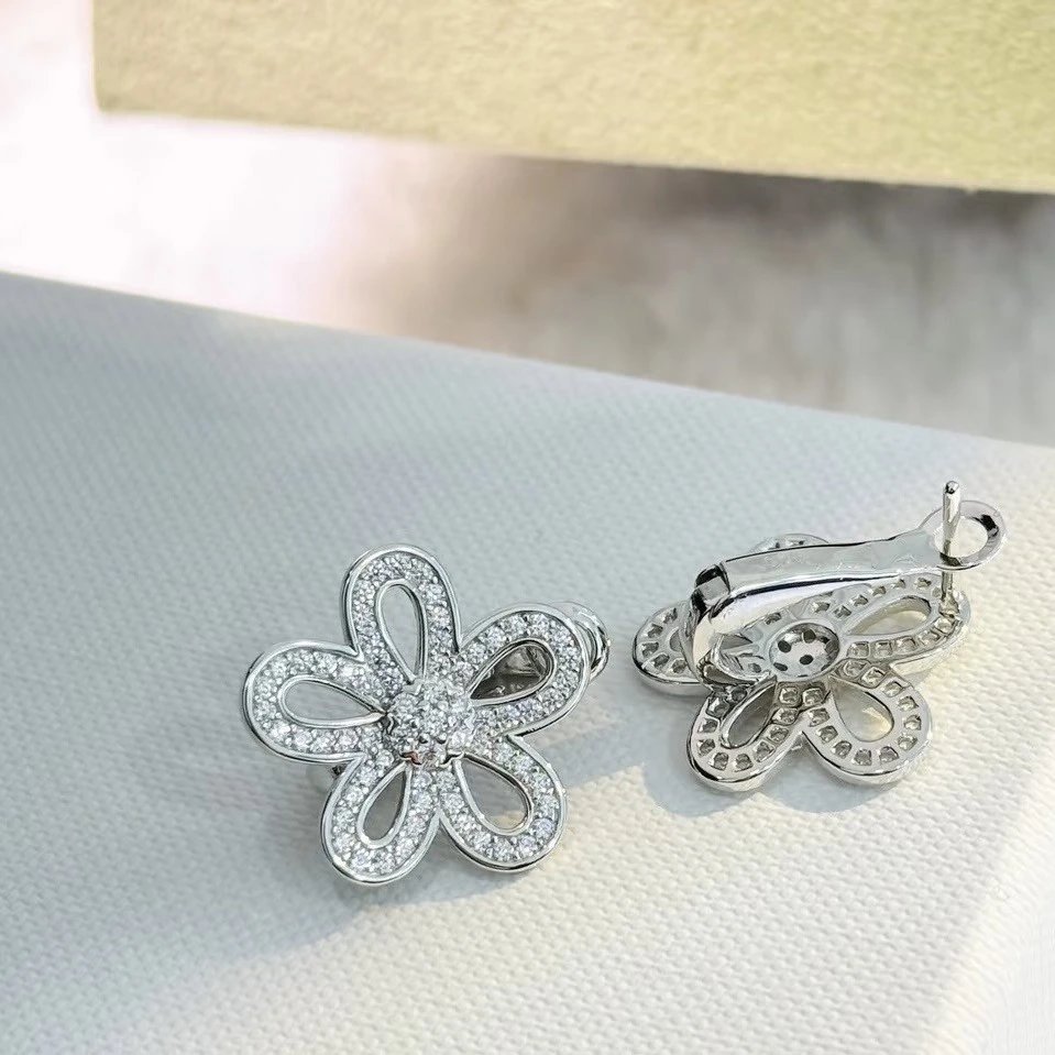 Flower-Shape Pave Diamond Earrings Silver