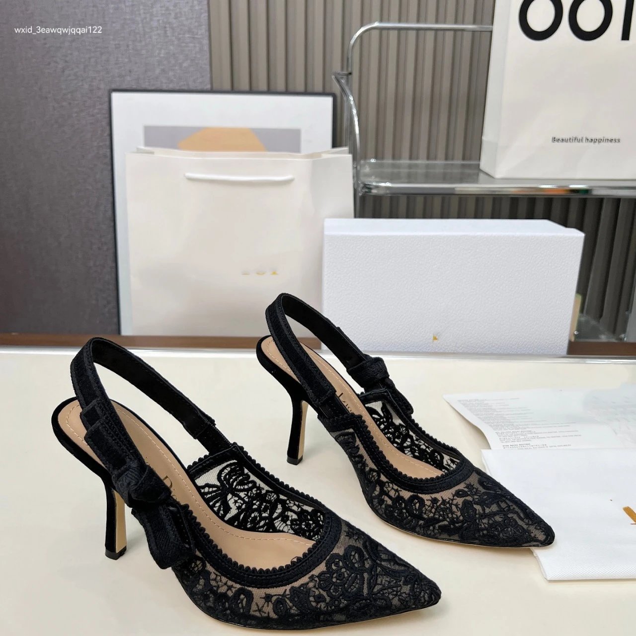Dior J'Adior Slingback Heels Beige Floral Embroidery Pointed-Toe Pumps - 6