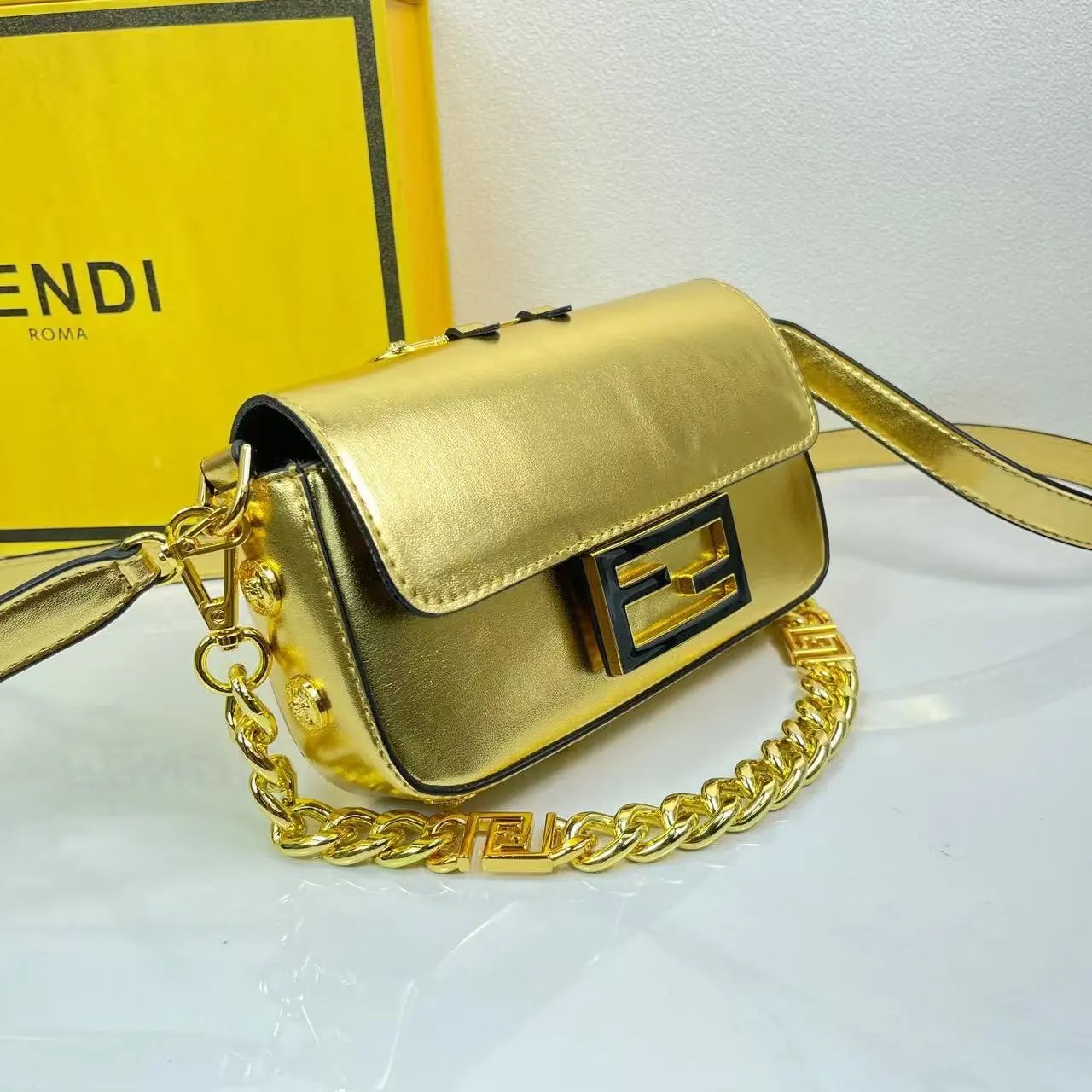 Fendi Baguette FF Logo Print Beige Gold Chain Shoulder Bag - 3