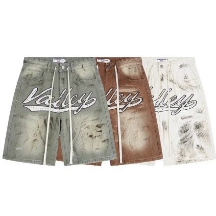 Vale Valley Forever Shorts Washed Denim Drawstring with Rhinestone Logo Embroidery image 3