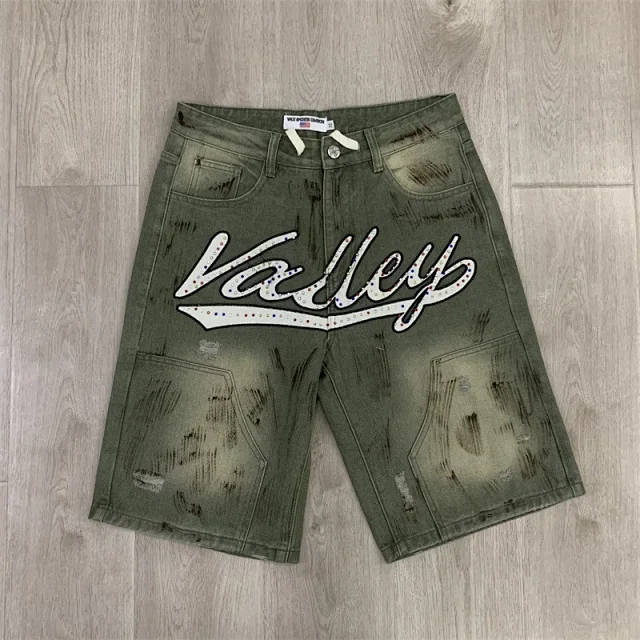 Vale Valley Forever Shorts Washed Denim Drawstring with Rhinestone Logo Embroidery product detail image 5